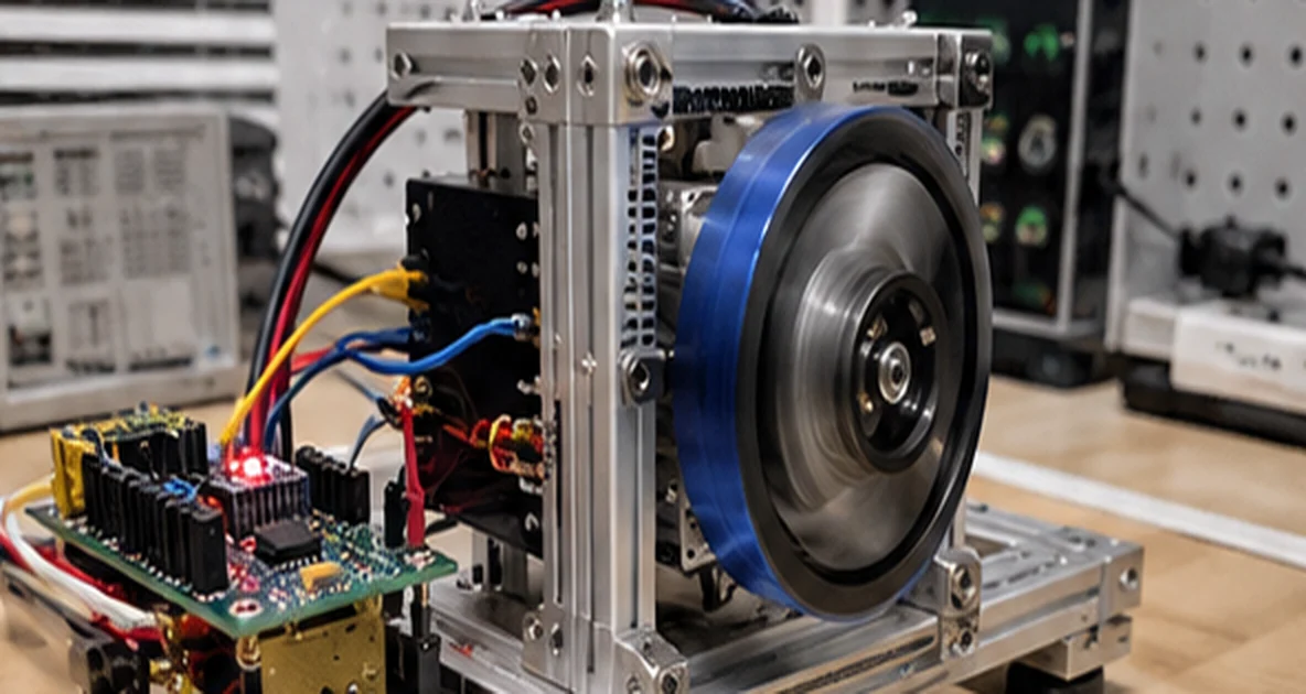 AI-generated concept of enclosed laboratory reaction wheel fixture; not photographed IYABOKO hardware